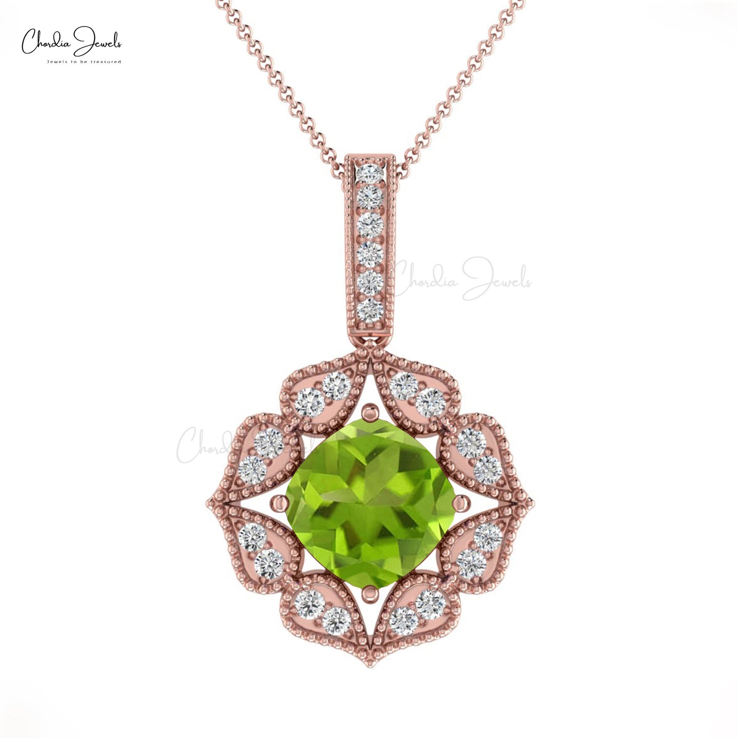 Genuine Green Peridot Art Deco Pendant Studded with Diamonds 14K Real Gold Peridot Rose Gold