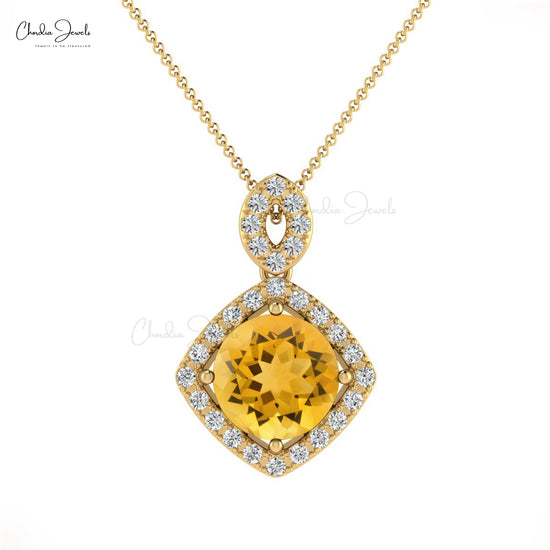 Female Elegant Halo Style Natural Yellow Citrine Halo Pendant Necklace 14k Pure Gold White Diamond Minimalist Jewelry For Wedding Gift