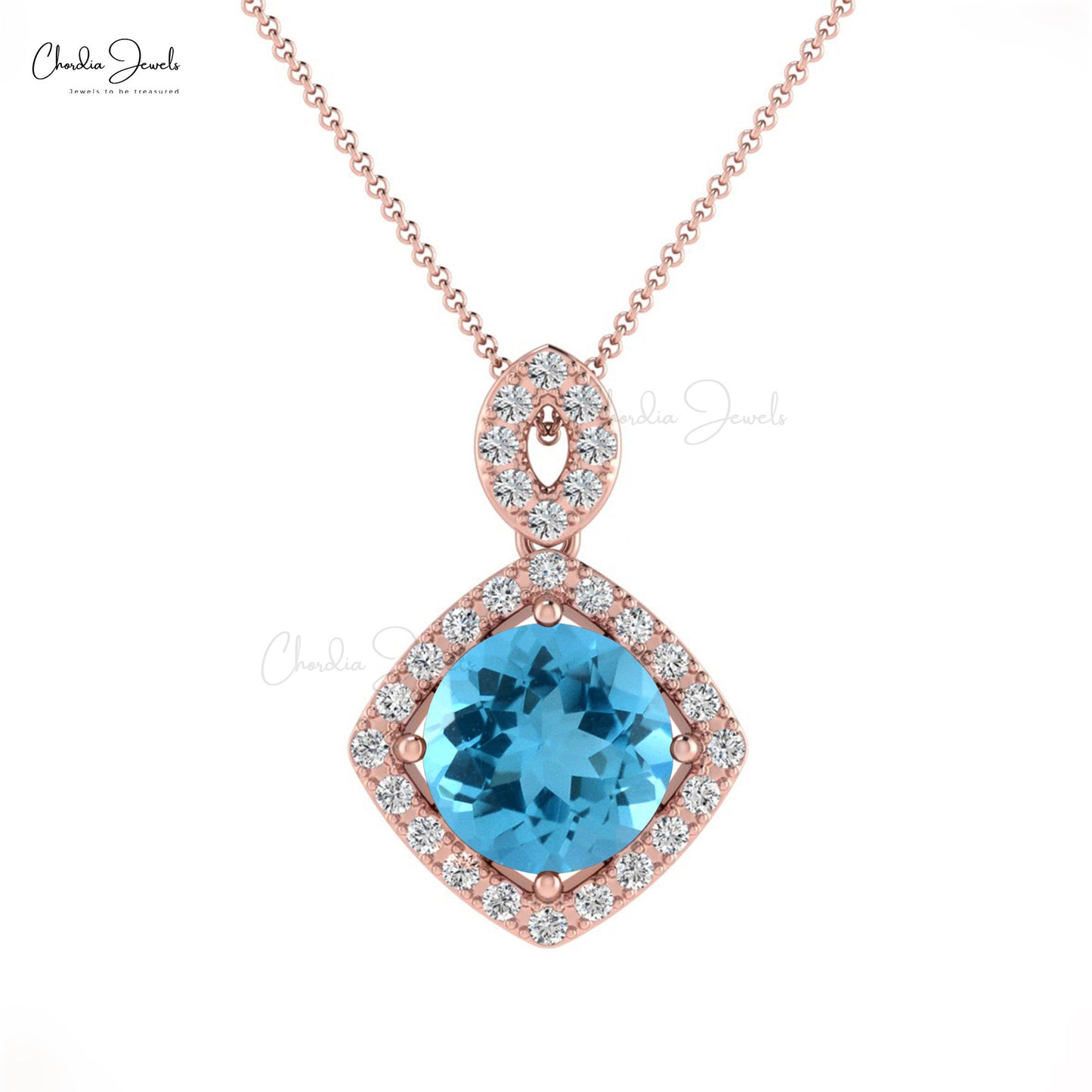 High Quality Modern Luxury Genuine White Diamond Halo Pendant 7mm Round Swiss Blue Topaz Pendant Necklace 14k Real Gold Hallmarked Jewelry For Her