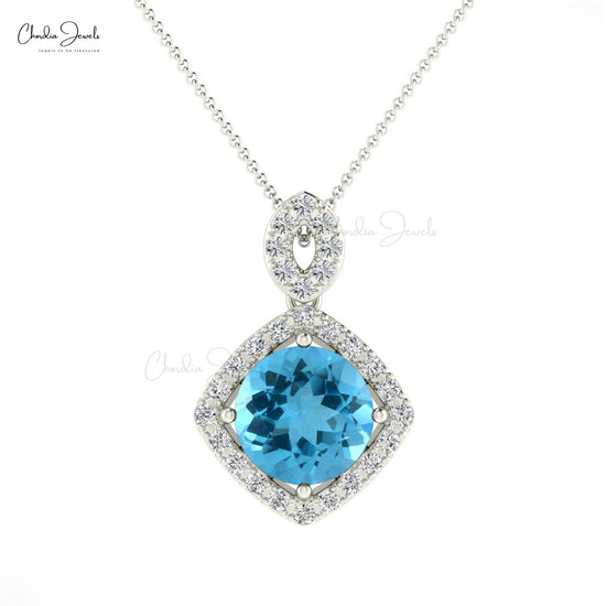 High Quality Modern Luxury Genuine White Diamond Halo Pendant 7mm Round Swiss Blue Topaz Pendant Necklace 14k Real Gold Hallmarked Jewelry For Her