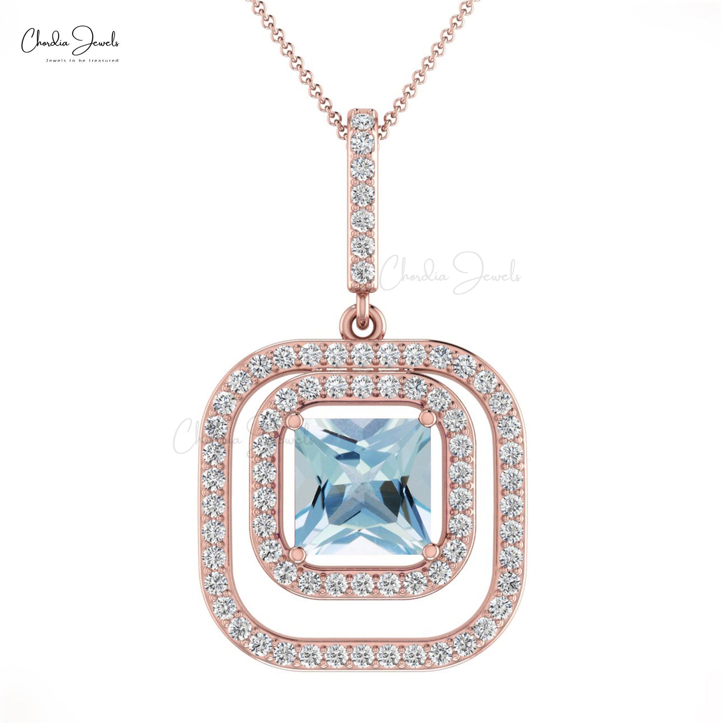 Aquamarine Square White Diamond Double Halo 14k Gold Dangle Pendant