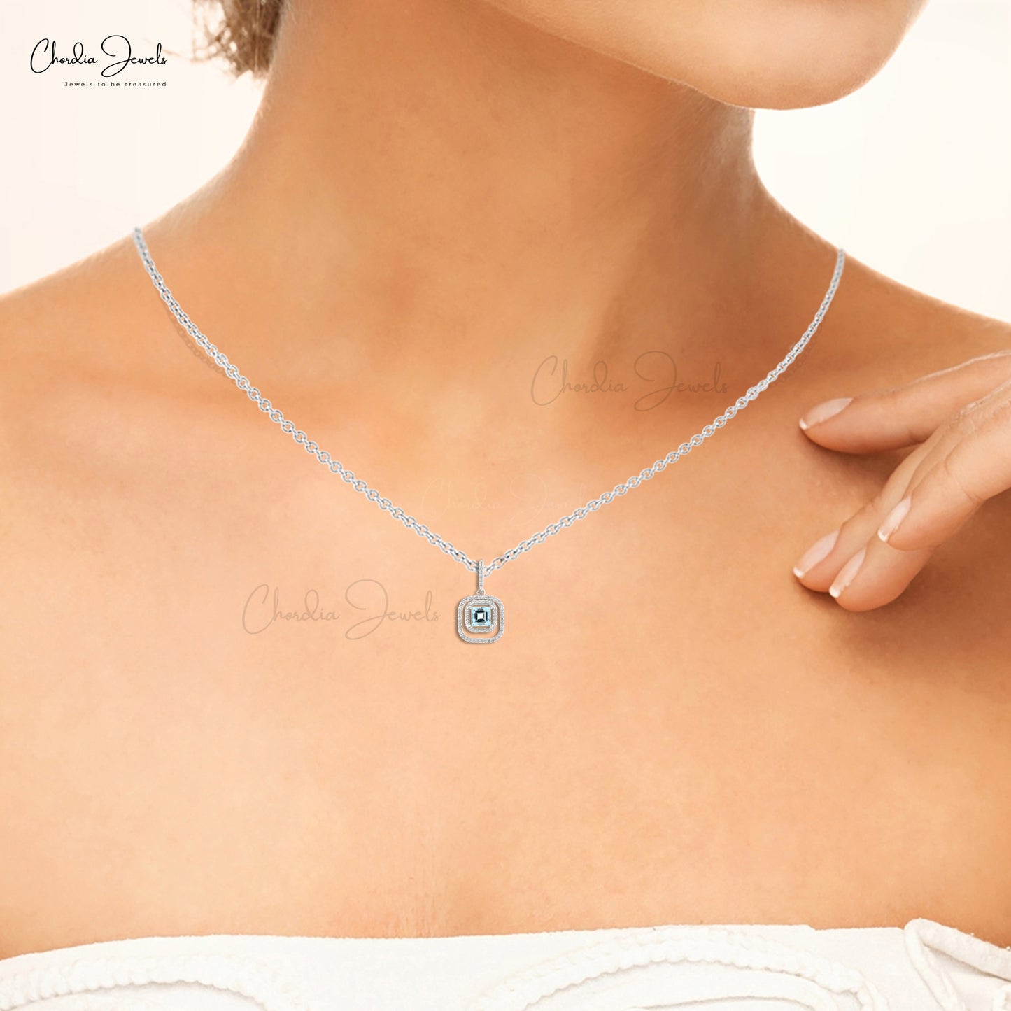 Minimalist Authentic Aquamarine and White Diamond Accented Double Halo Collier Necklace Pendant Solid 14k White Gold Jewelry Wedding Gift