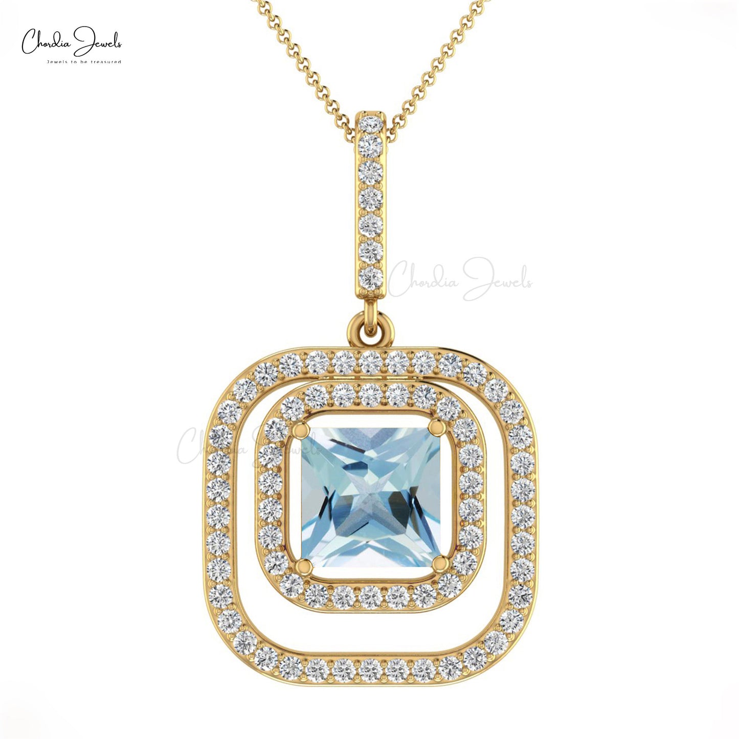 Aquamarine Square White Diamond Double Halo 14k Gold Dangle Pendant