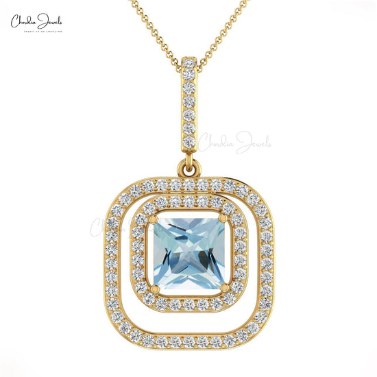 Aquamarine Square White Diamond Double Halo 14k Gold Dangle Pendant
