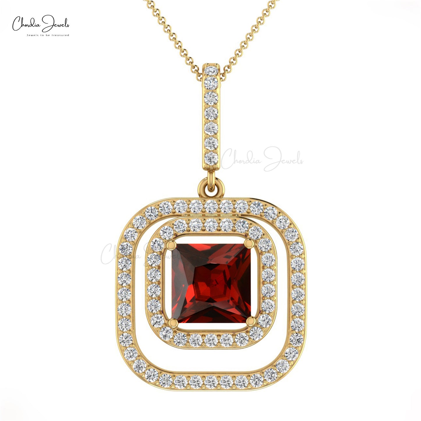 Trendy Solid 14k Gold Double Halo Pendant Authentic Red Garnet and White Diamond Pendant Necklace Light Weight Jewelry For Birthday Gift
