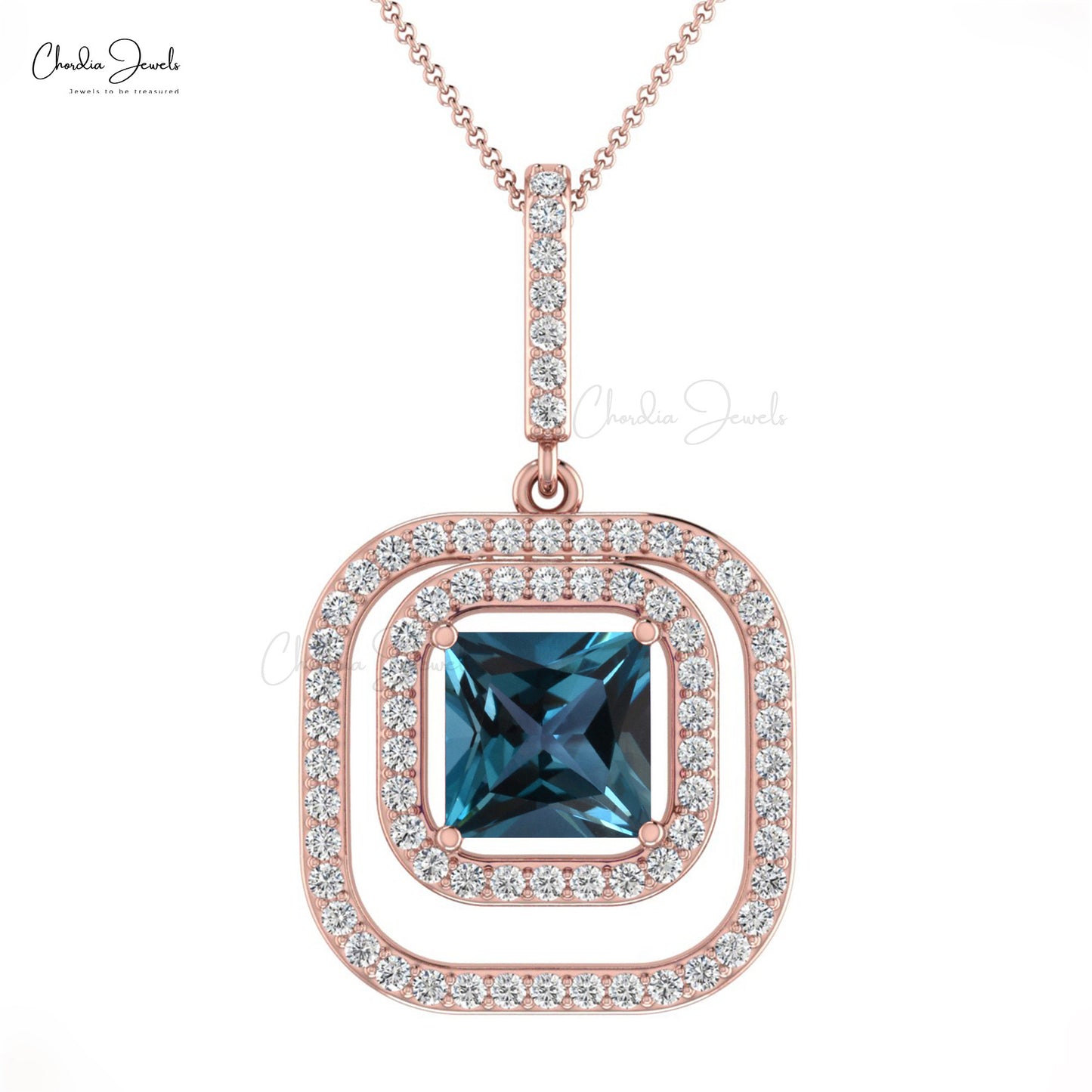 High Quality 100% Genuine Square London Blue Topaz Gemstone Double Halo Pendant in 14K Pure Diamond Accented Pendant For Engagement Gift