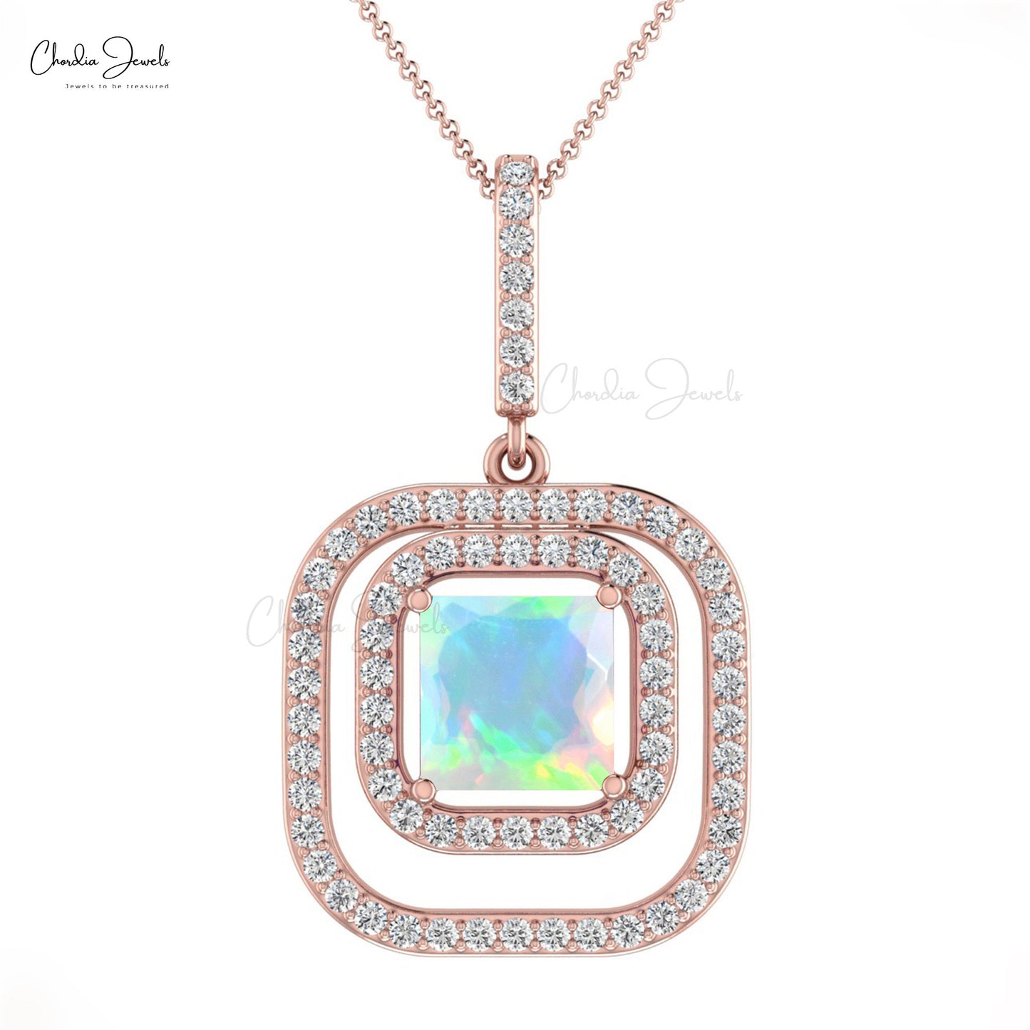 Beautiful Lovely Double Halo Pendant Studded With White Diamonds Natural Fire Opal Pendant Necklace in 14k Pure Gold Mother's Day Gift