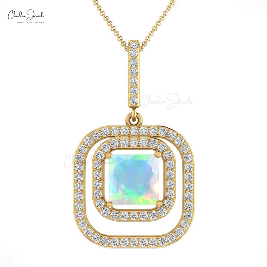 Beautiful Lovely Double Halo Pendant Studded With White Diamonds Natural Fire Opal Pendant Necklace in 14k Pure Gold Mother's Day Gift