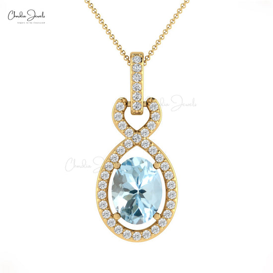 Handmade Vintage Stylish Simple Pendant Authentic Aquamarine Gemstone Halo Pendant Necklace Studded With White Diamond Pure 14k Gold Dainty Jewelry For Gift