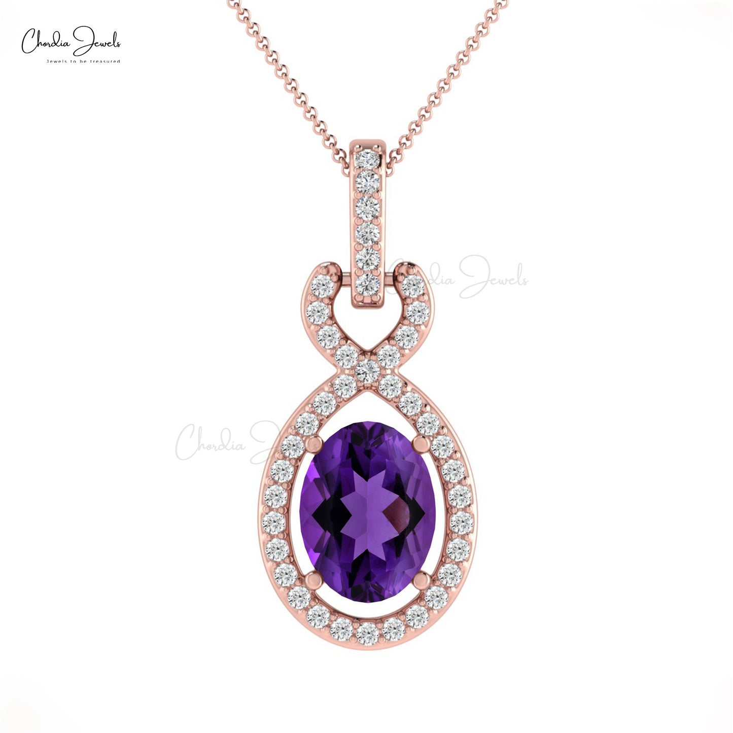 New Designs Jewelry Natural White Diamond Halo Pendant Necklace Purple Amethyst Gemstone Pendant in 14k Real Gold Hallmarked Jewelry For Gift