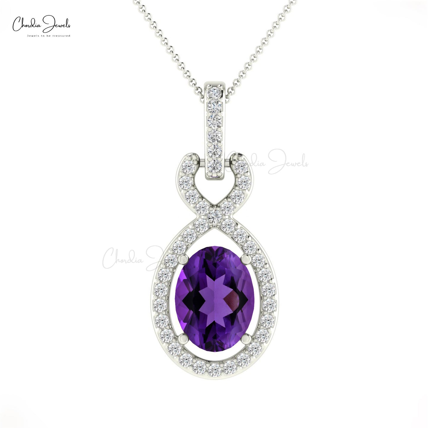 New Designs Jewelry Natural White Diamond Halo Pendant Necklace Purple Amethyst Gemstone Pendant in 14k Real Gold Hallmarked Jewelry For Gift