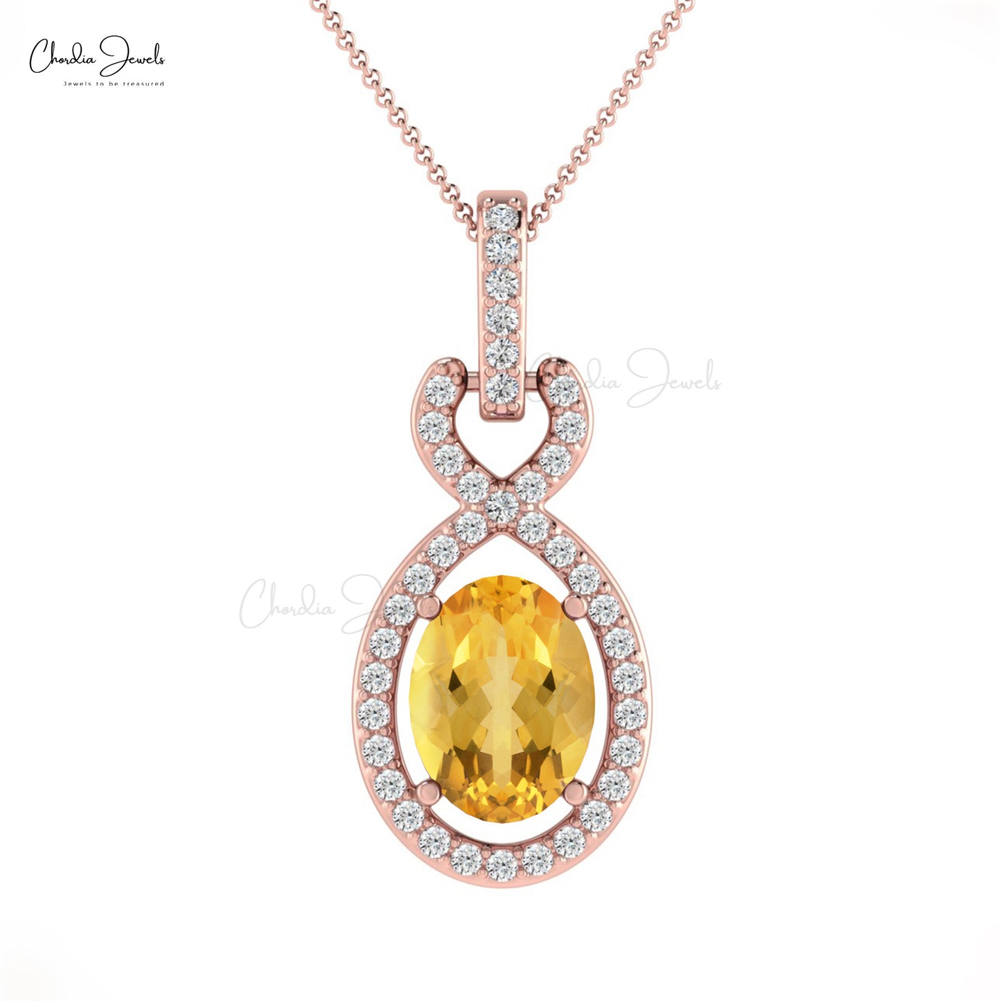 Solid 14k Gold Halo Bail Pendant With 7x5mm Citrine Gemstone And Diamond Infinity Pendant