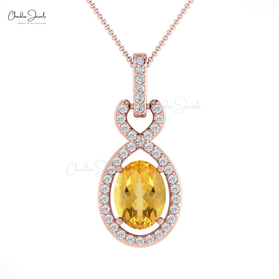 Solid 14k Gold Halo Bail Pendant With 7x5mm Citrine Gemstone And Diamond Infinity Pendant