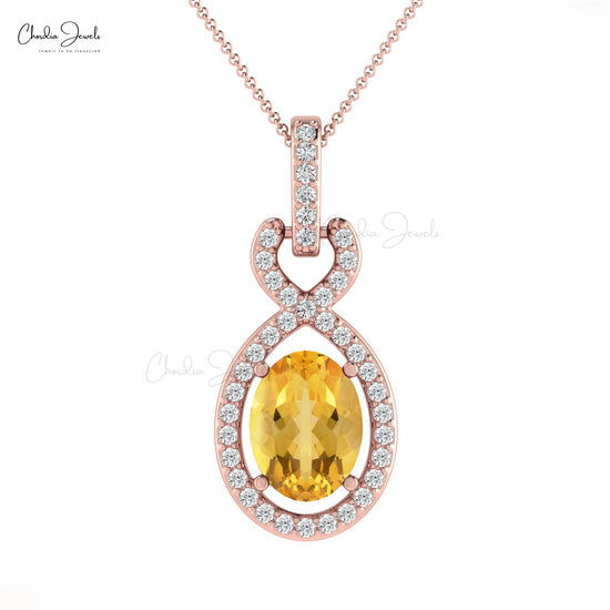 Vintage Style Authentic Yellow Citrine Gemstone Halo Pendant Necklace 1mm Round White Diamond Pendant 14k Pure Gold Handmade Jewelry For Her