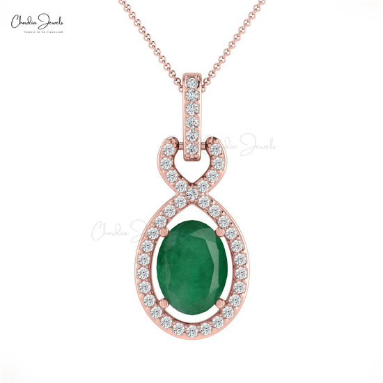Halo Pendant With 14k Solid Gold Bail Genuine Emerald & Diamond Twisted Pendant For Wife