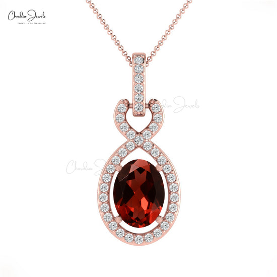 Genuine Red Garnet Gemstone Halo Pendant Necklace With Bail White Diamond Studded Pendant For Women Pure 14k Gold Jewelry For Wedding Gift
