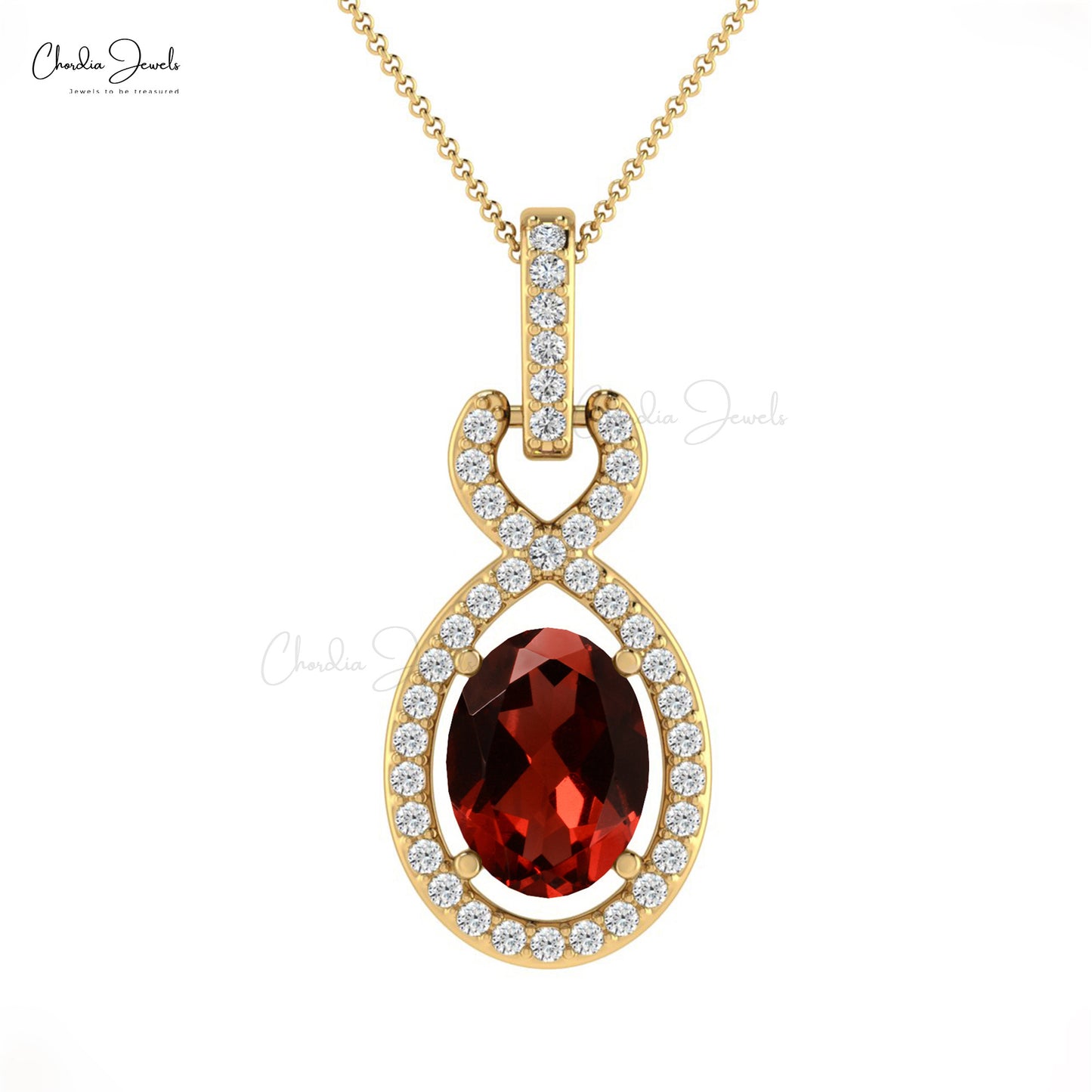 Genuine Red Garnet Gemstone Halo Pendant Necklace With Bail White Diamond Studded Pendant For Women Pure 14k Gold Jewelry For Wedding Gift