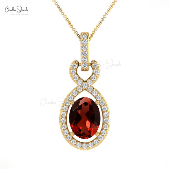 Genuine Red Garnet Gemstone Halo Pendant Necklace With Bail White Diamond Studded Pendant For Women Pure 14k Gold Jewelry For Wedding Gift