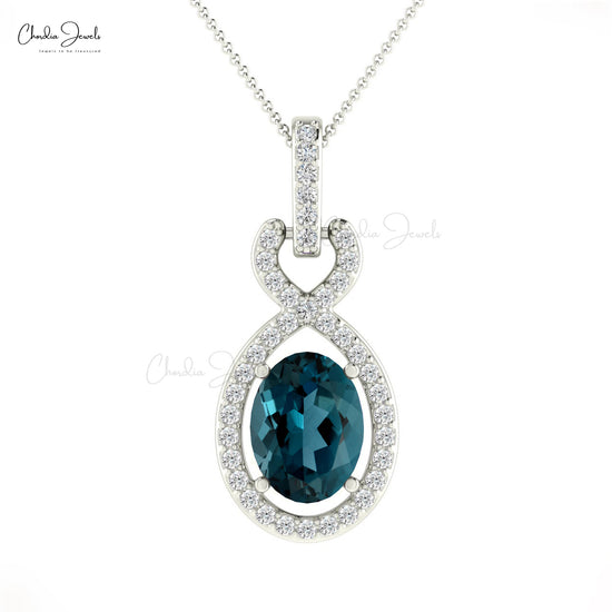 Elegant Oval Shape Natural London Blue Topaz Halo Pendant Necklace 14k Real Gold Diamond Jewelry Valentine Day Gift For Girlfriend