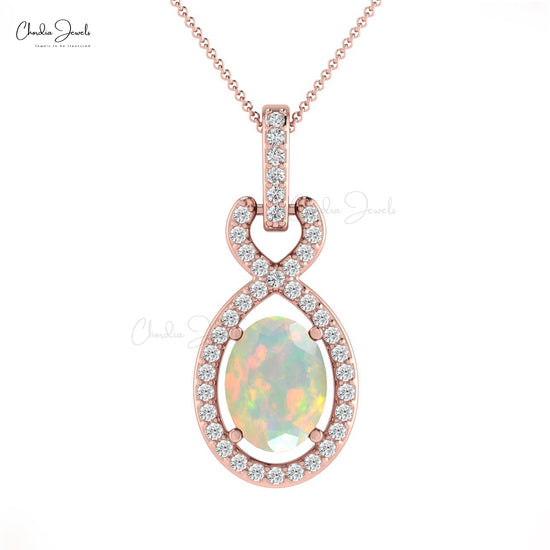 Inspired Genuine White Diamond Halo Pendant Necklace With Bail October Birthstone Fire Opal Pendant in 14k Solid Gold Anniversary Gift For Wife