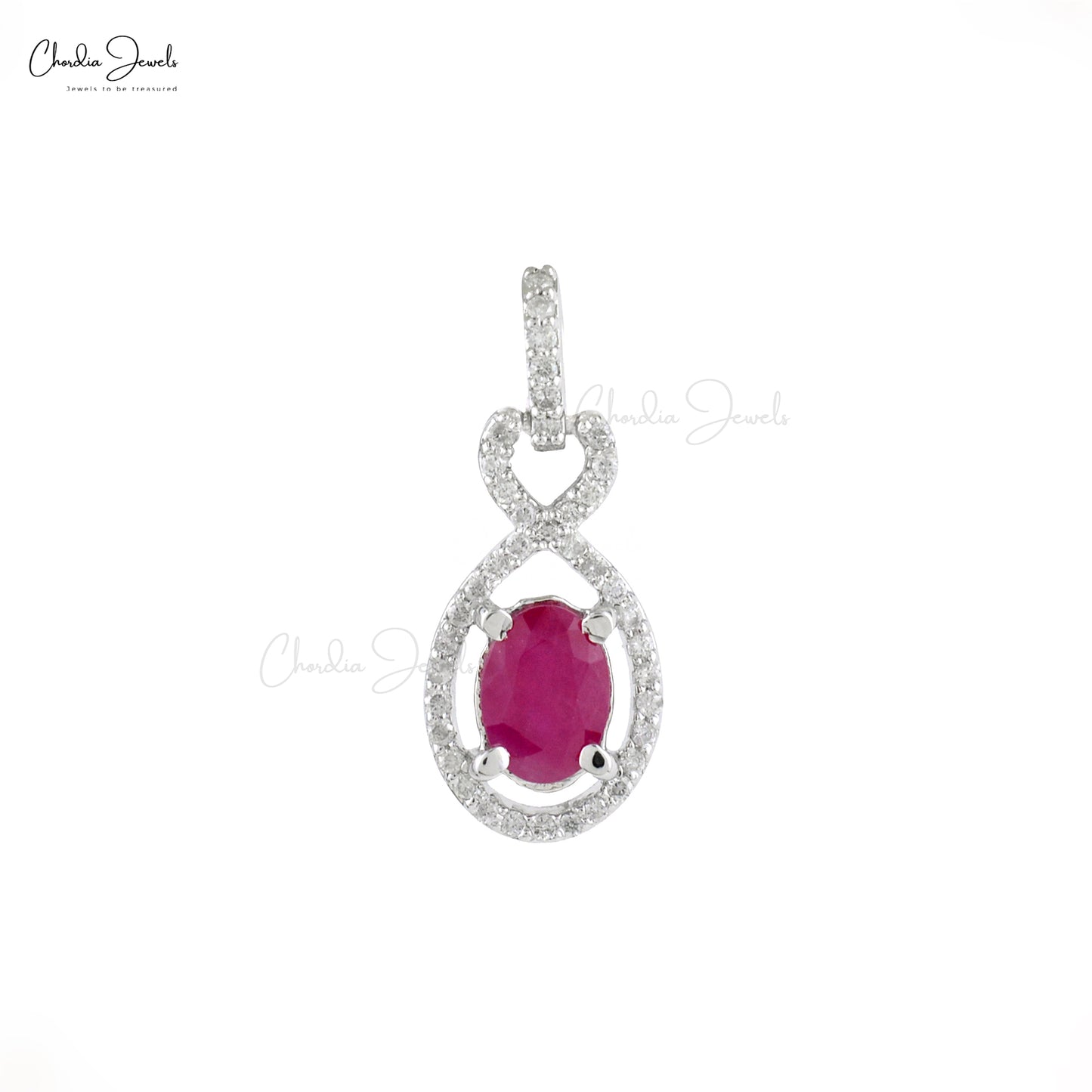 July Birthstone Red Ruby Halo Pendant Necklace With Bail in 14k Real White Gold Bead Set Natural White Diamond Engagement Gift