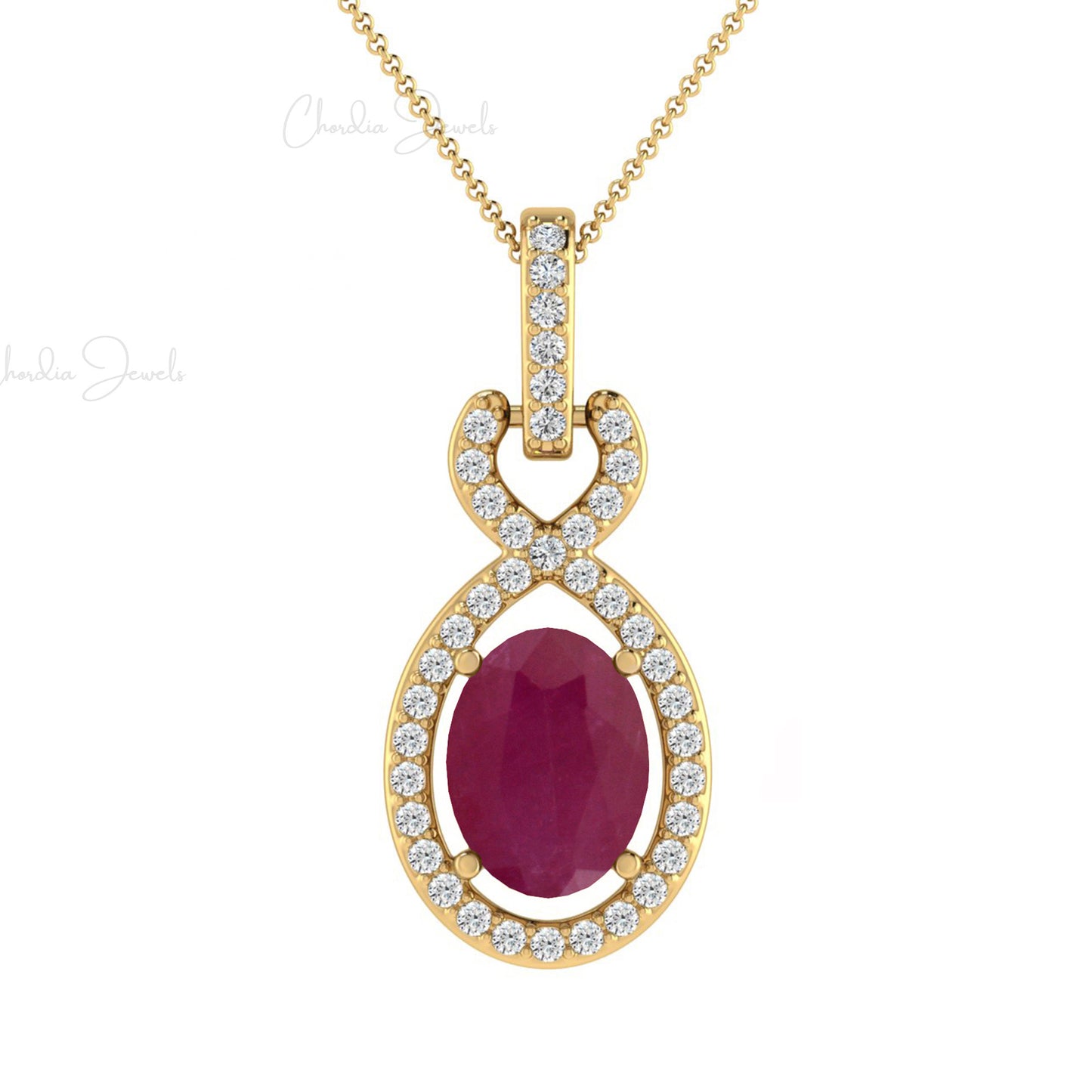 Round Ruby and Diamond Halo Bail Pendant in 14k White Gold