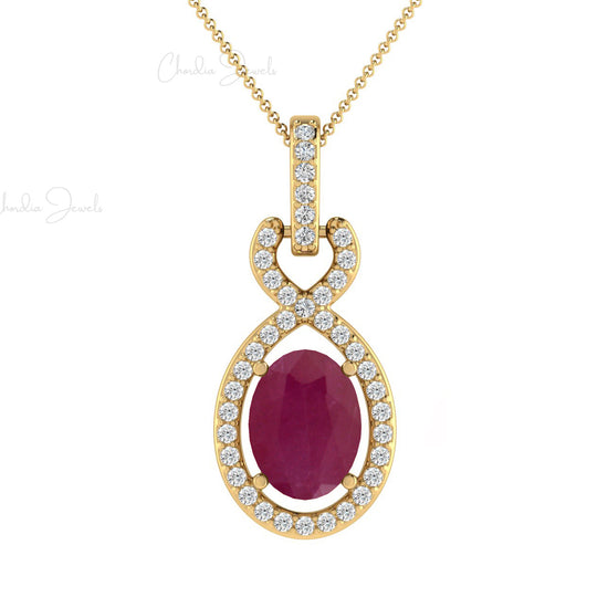 Round Ruby and Diamond Halo Bail Pendant in 14k White Gold