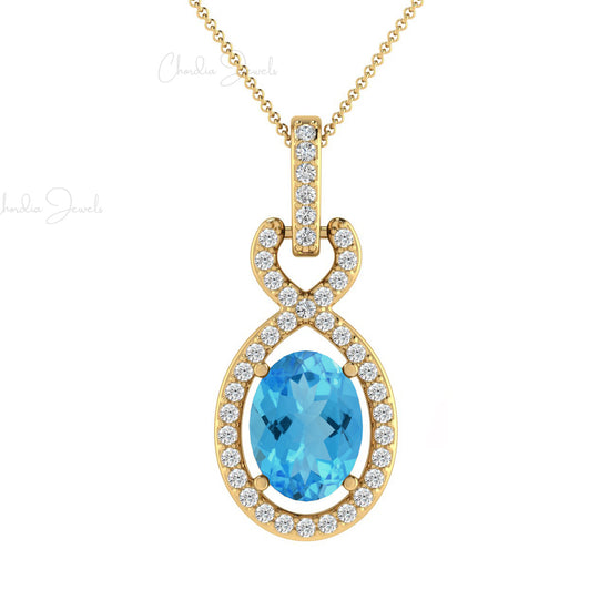 Custom High Jewelry Personalized Diamond Halo Pendant Natural Oval Shape Swiss Blue Topaz Pendant Necklace 14k Solid Gold Minimalist Jewelry For Wife