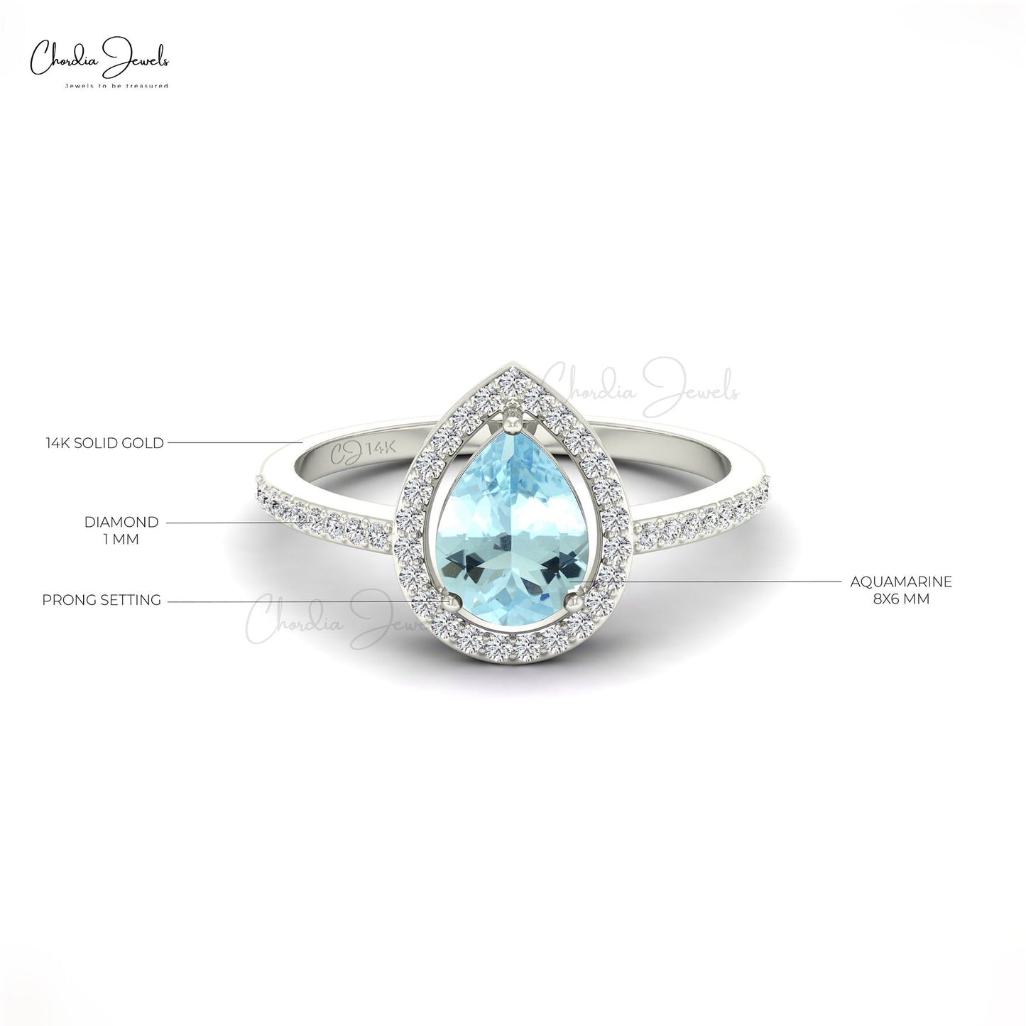 Pear Cut 8X6MM Aquamarine Diamond Halo Ring