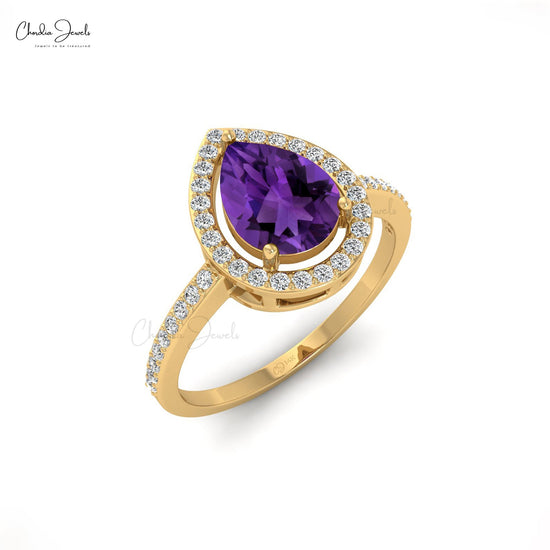 Stunning 14k Solid Gold Diamond Halo Ring Natural 1.2ct Amethyst Gemstone Prong Set Promise Ring