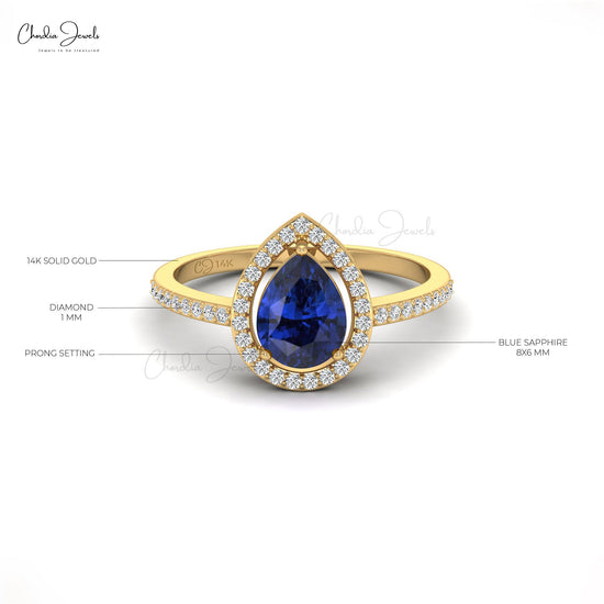 Pear Cut Natural Blue Sapphire Halo Ring For Engagement