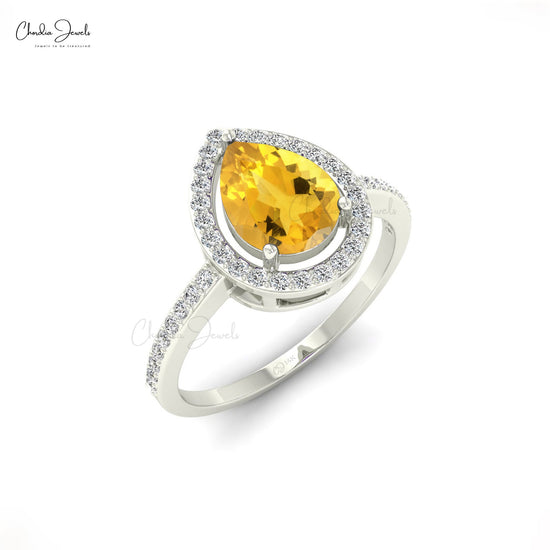 8X6MM Pear Cut Citrine Diamond Halo Ring For Her