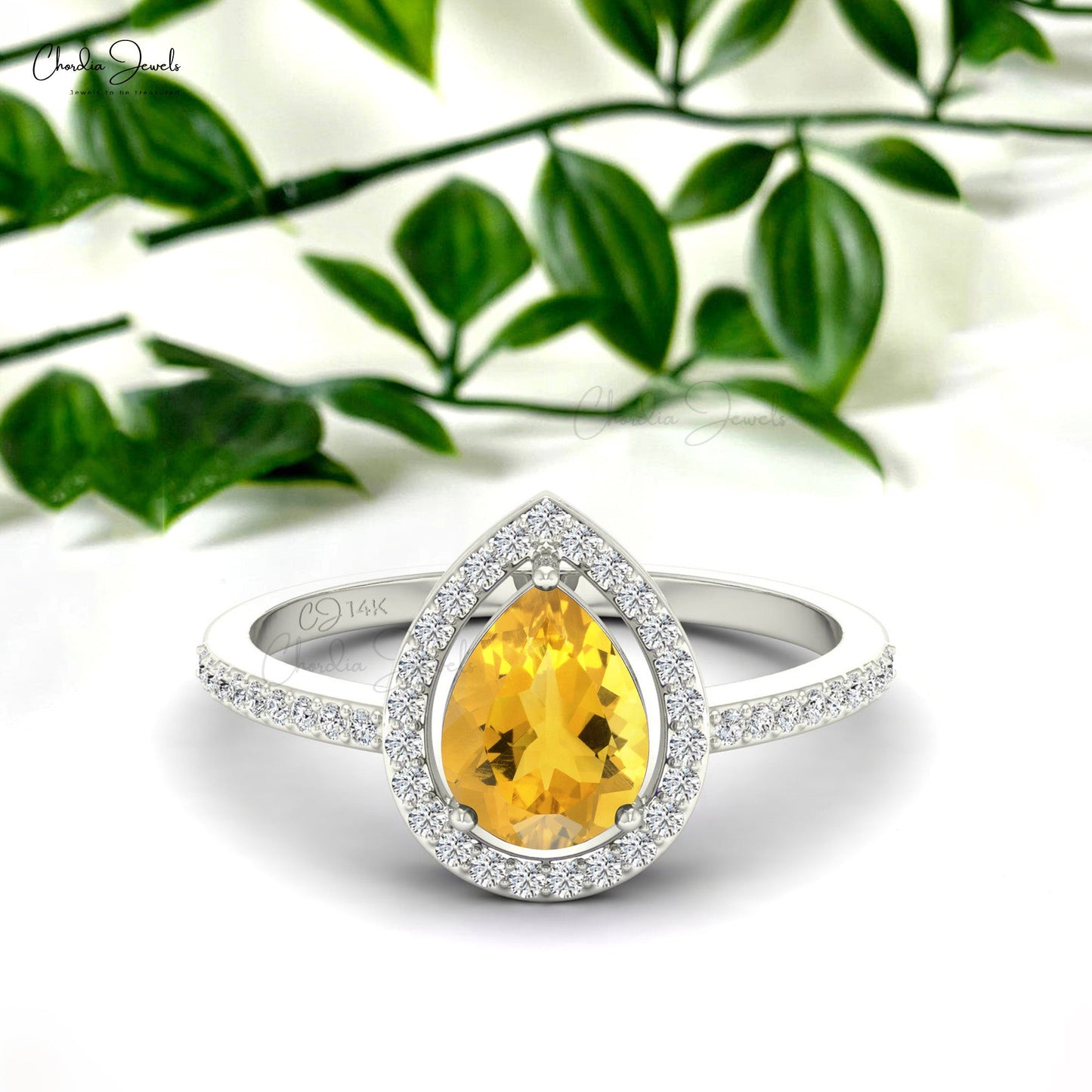 8X6MM Pear Cut Citrine Diamond Halo Ring For Her
