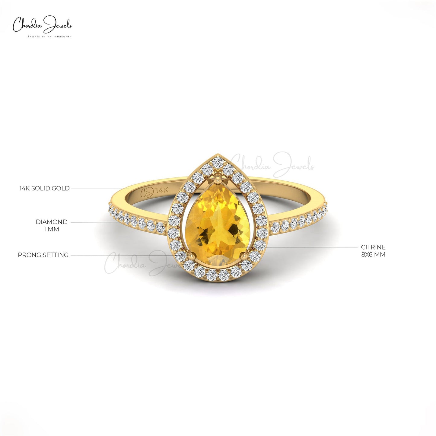 8X6MM Pear Cut Citrine Diamond Halo Ring For Her