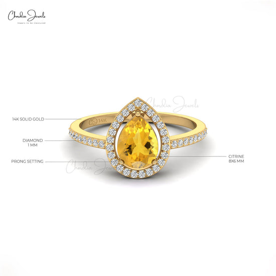 8X6MM Pear Cut Citrine Diamond Halo Ring For Her