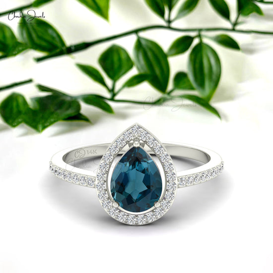 Natural London Blue Topaz Solitaire Halo Ring, 14k Solid Gold Handmade Diamond Ring, Topaz Ring Fine Jewelry, 8x6 mm Faceted Pear Cut Blue Topaz Prong Setting Halo Engagement Ring, Gifted Ring