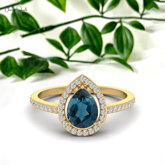 Natural London Blue Topaz Solitaire Halo Ring, 14k Solid Gold Handmade Diamond Ring, Topaz Ring Fine Jewelry, 8x6 mm Faceted Pear Cut Blue Topaz Prong Setting Halo Engagement Ring, Gifted Ring