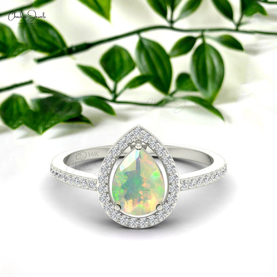 Excellent 8X6MM Opal Halo Ring In 14K Gold
