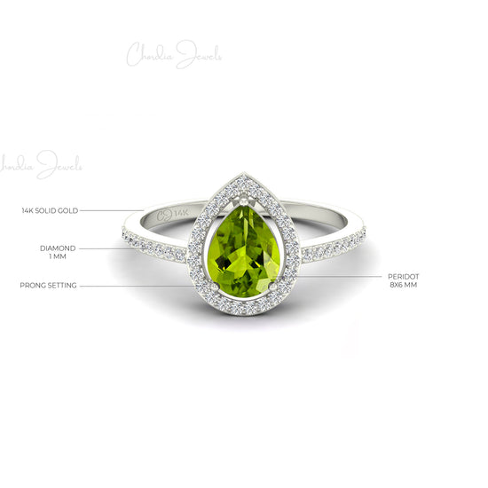 14k Solid Gold Handmade Diamond Ring, 8x6 mm Pear Cut Peridot Prong Setting Halo Engagement Ring, Natural Peridot Solitaire Halo Ring, Wedding Ring