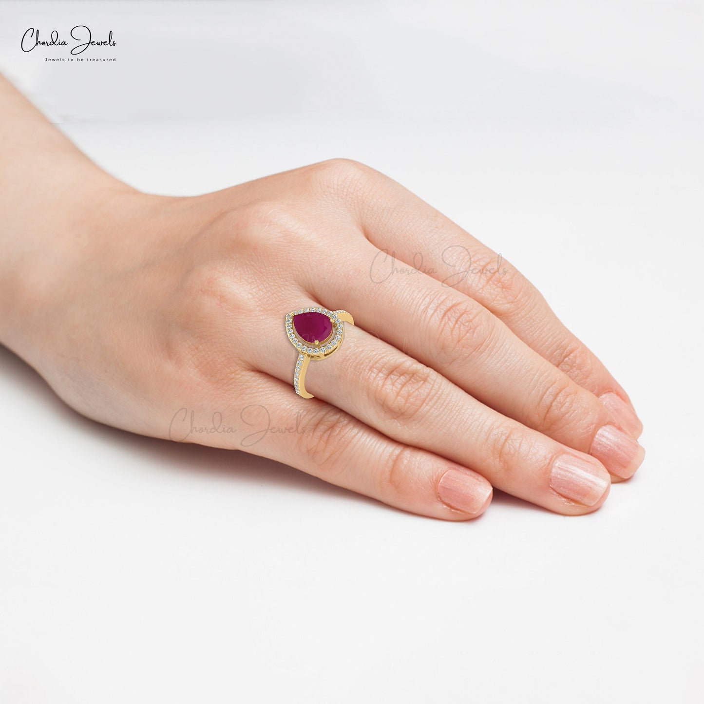 8X6MM Pear Cut Ruby Halo Diamond Engagement Ring