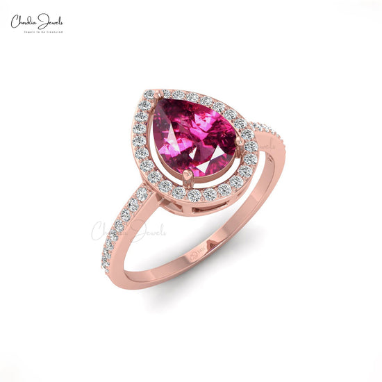 Load image into Gallery viewer, Pear Cut Rhodolite Garnet Diamond Halo Engagement Ring
