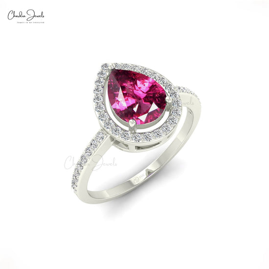 Pear Cut Rhodolite Garnet Diamond Halo Engagement Ring