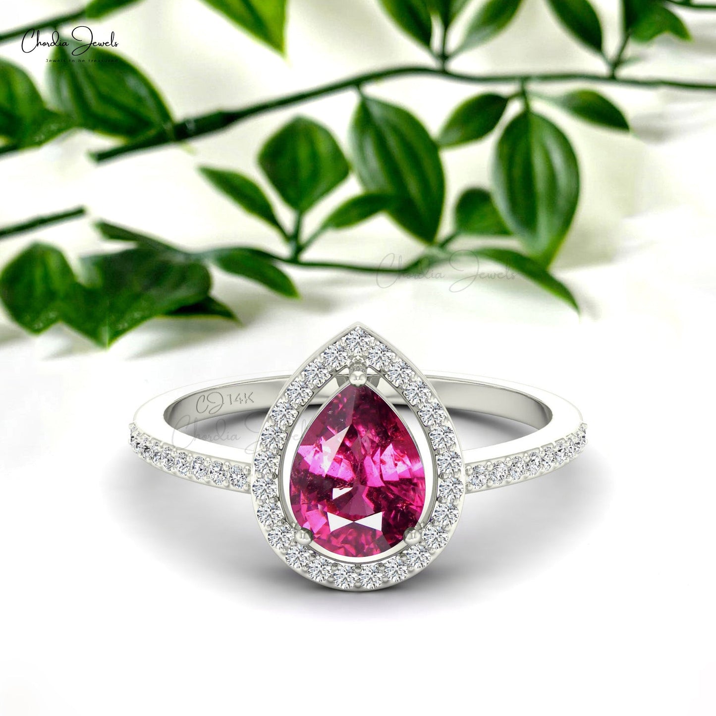 Pear Cut Rhodolite Garnet Diamond Halo Engagement Ring