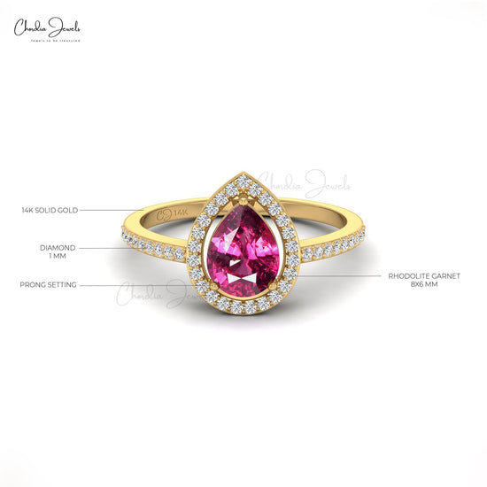 Pear Cut Rhodolite Garnet Diamond Halo Engagement Ring