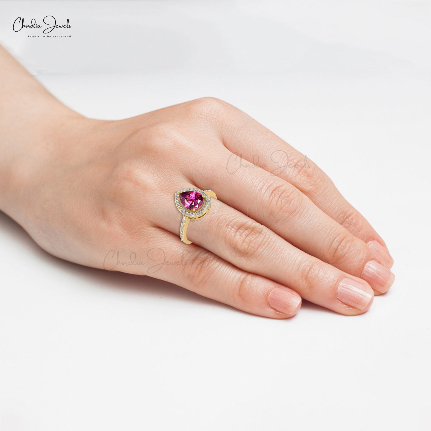 Pear Cut Rhodolite Garnet Diamond Halo Engagement Ring