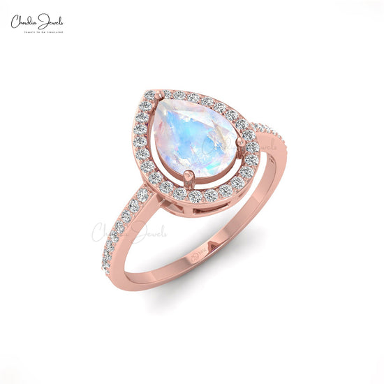 Genuine Pear Cut Rainbow Moonstone Halo Ring in 14K Solid Gold