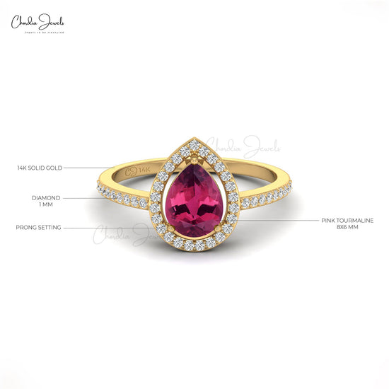 October Birthstone 14K Gold Pink Tourmaline Halo Ring