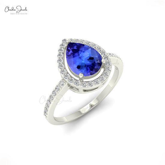 Natural Tanzanite Halo Ring In Solid 14k Gold Diamond Studded December Birthstone Ring