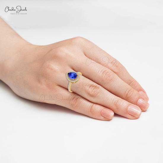 Natural Tanzanite Halo Ring In Solid 14k Gold Diamond Studded December Birthstone Ring