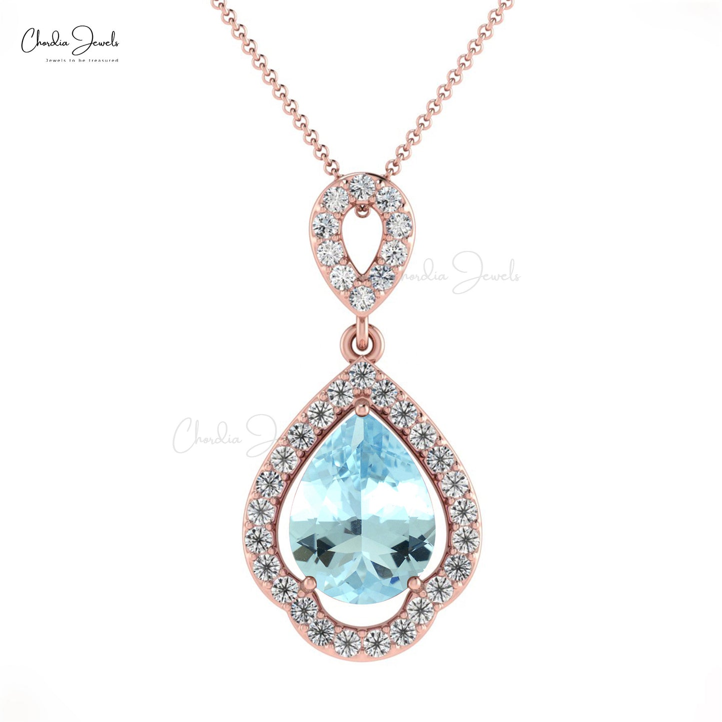 Pear Cut Art Deco Pendant In 14k Pure Gold Aquamarine Diamond Wedding Pendant For Her